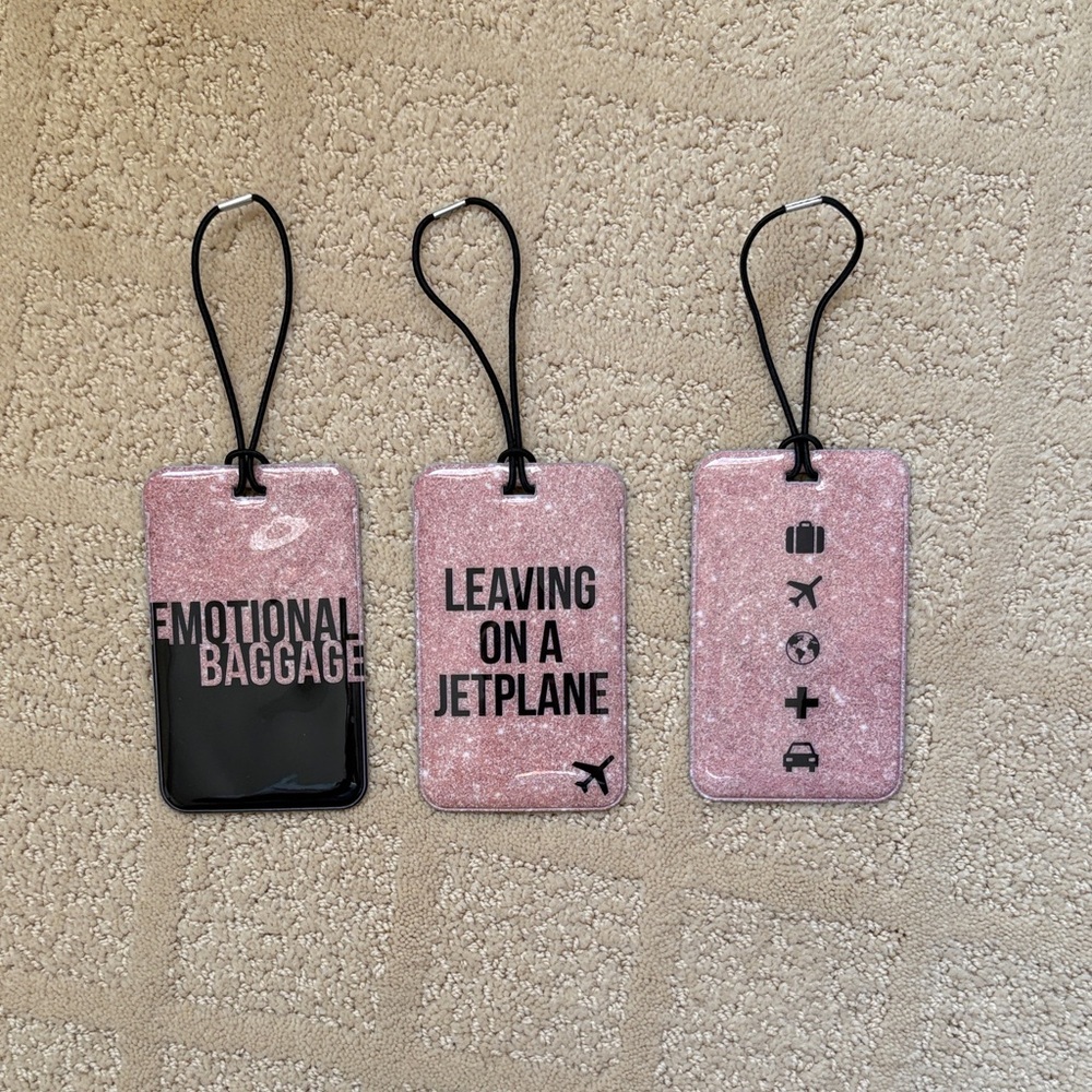 (3) Pink and Black Luggage Tags Set. New